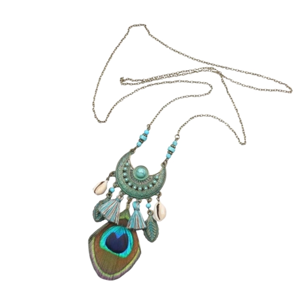 Tassel Peacock Feather Bohemian Long Necklace Shell Sweater Leather Chain